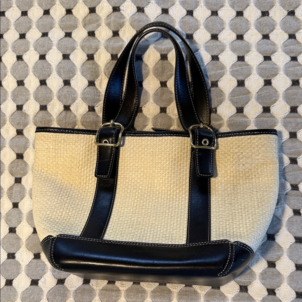 Coach Straw Classic Black and Cream Small Tote Bag